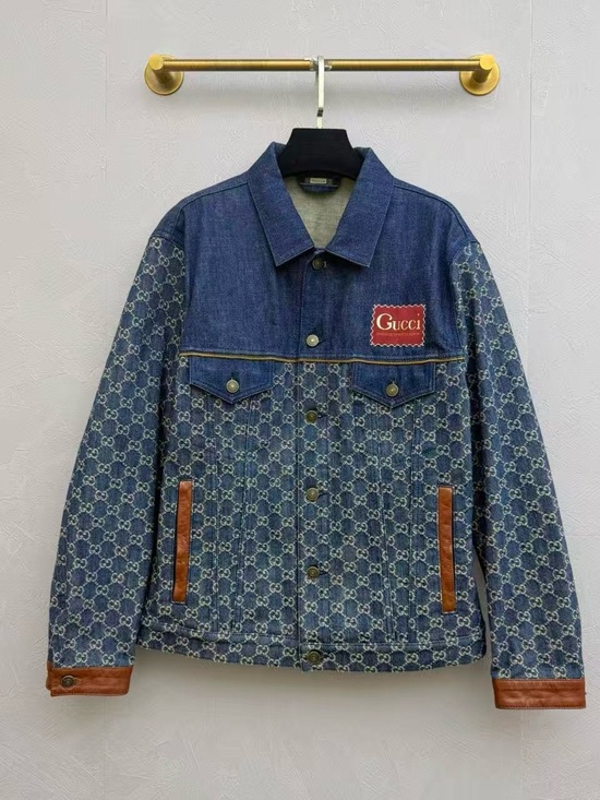 Gucci Other - Gucci Blue GG Monogram Denim Jacket with Brown Leather Trim